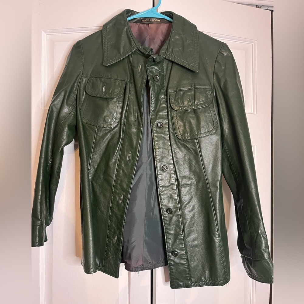Vintage 70s Leather Top Coat/Shacket.  Size 10. Hunter Green.